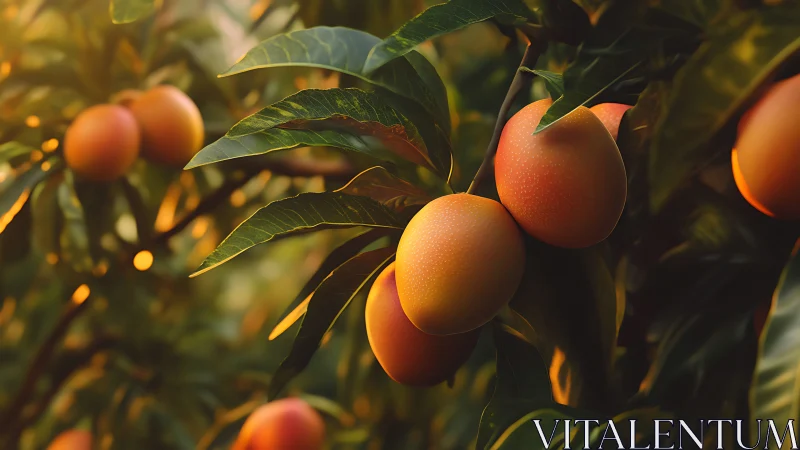 Sun-kissed mangoes lean into golden evening light and glow