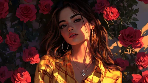 Golden hour portrait glows gently among deep red roses