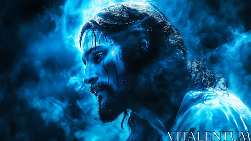 Luminous blue portrait of sorrowing man veiled in swirling mist.