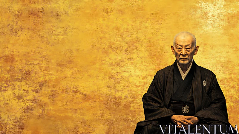 Elderly man in black kimono before textured golden backdrop.
