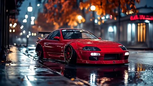 Crimson street racer idling under rainlit autumn neon streets.