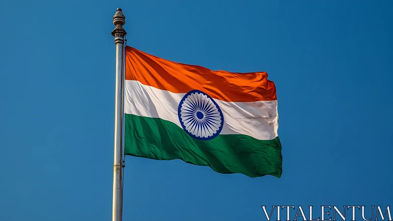 Indian national flag tricolor fluttering against clear sky.