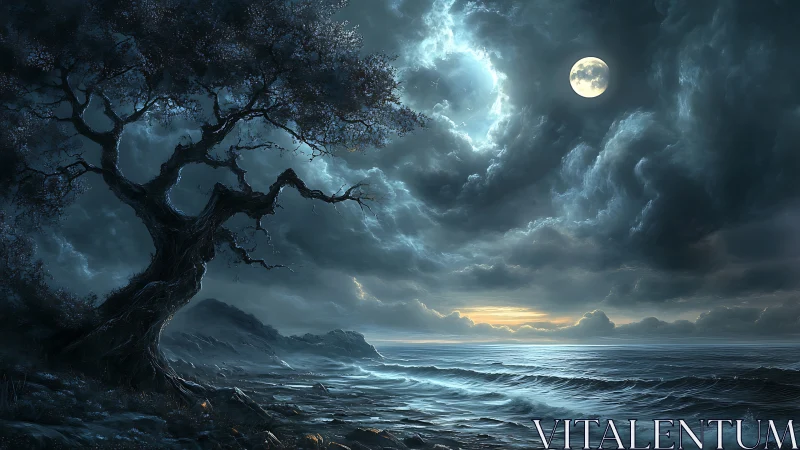 Twisted shoreline tree under stormlit moonlit seascape.