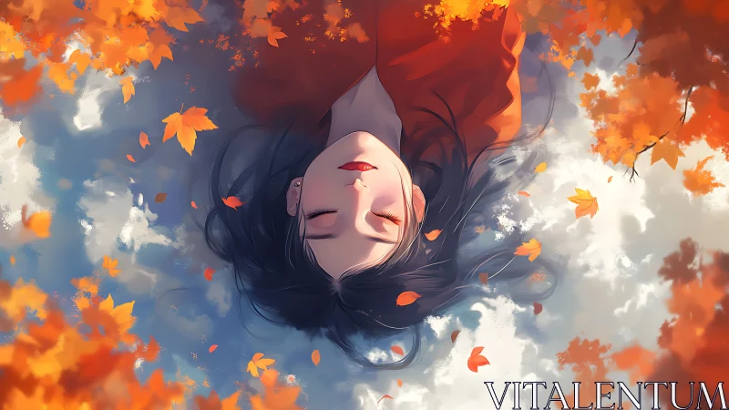 Digital painting of serene girl amid drifting autumn foliage.