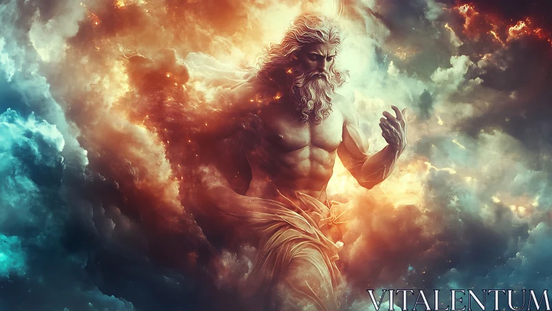 Stormborn sky god striding through swirling cosmic clouds.