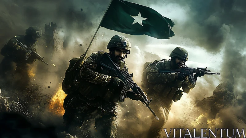 Armed soldiers advance through smoke while carrying a flag