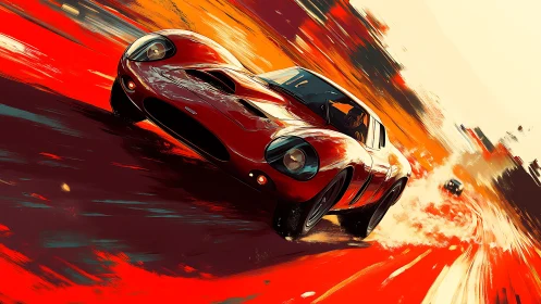Red sports car powers through dynamic abstract racetrack.