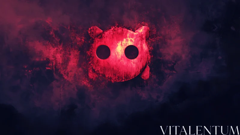 Red abstract creature icon on dark textured background.