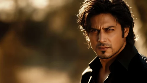 Intense male portrait in golden hour cinematic lighting.