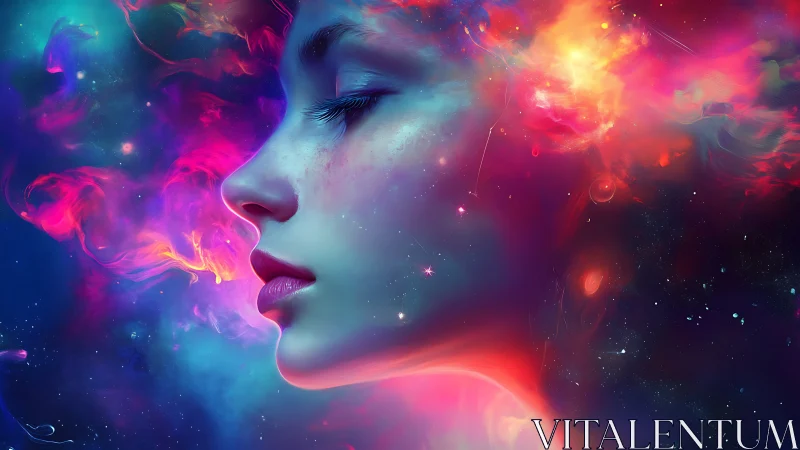 Profile of a human face dissolves into a multicolor nebula