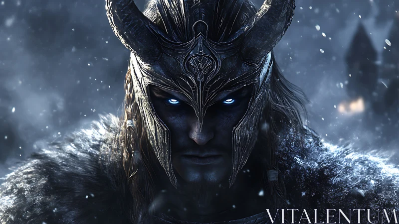 Frostbound horned warrior glares through swirling snowstorm.