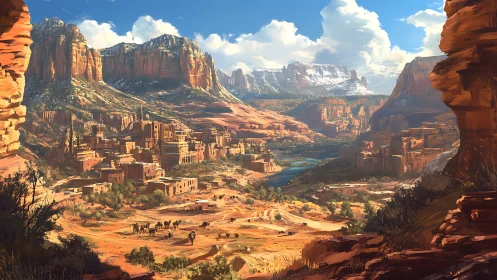 Sunlit desert canyon city rests beneath towering cliffs