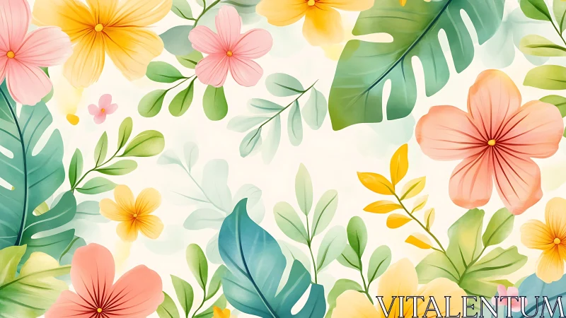 Watercolor Botanical Garden Composition with Blossoming Florals and Foliage