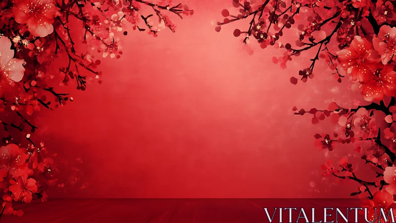Symmetrical red sakura branches frame a soft gradient backdrop