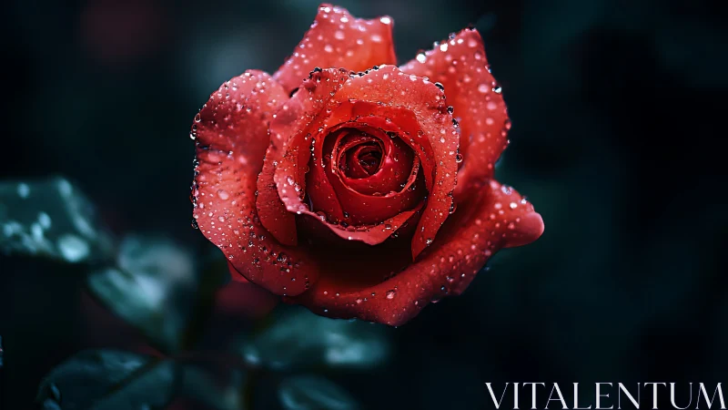 Crimson Bloom Crowned with Dewdrops. Rain-Kissed Rose in Motion.