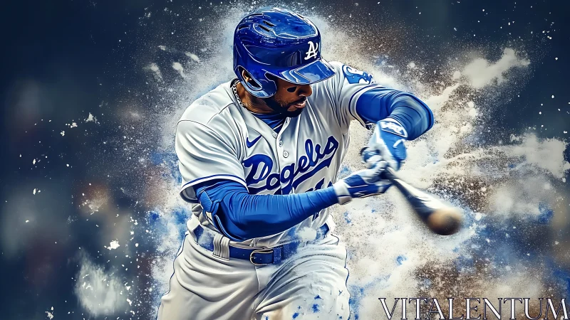 Baseball slugger in Dodgers uniform making powerful swing.