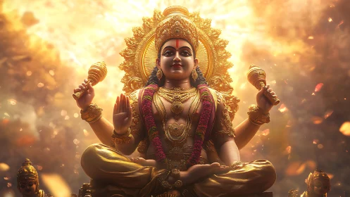 Radiant Hindu deity seated in golden celestial light.