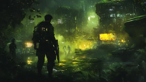 Cyber soldier enters neon-soaked jungle megacity ruins.