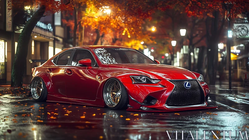 Stanced red Lexus sedan in wet autumn city street at night