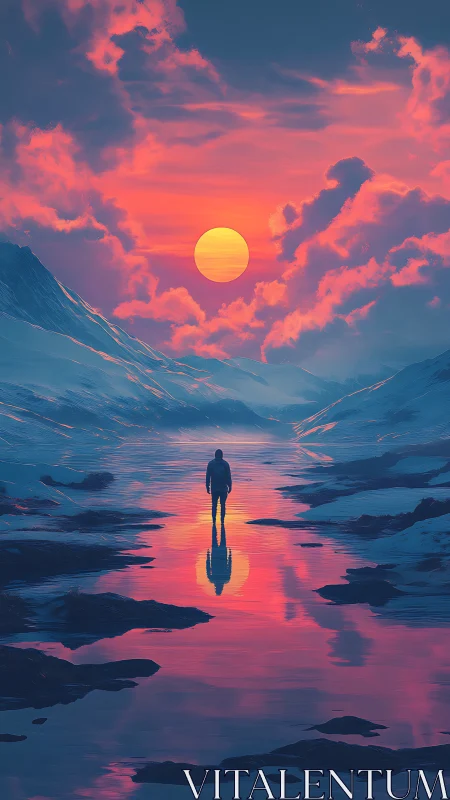 Solitary figure on reflective river under neon sunset sky.