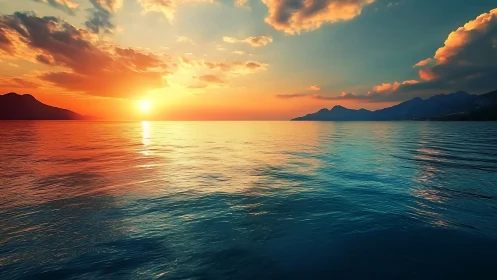 Ocean horizon at sunset with distant coastal mountains.