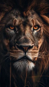 Lion’s intense amber gaze commands the shadowed savanna.