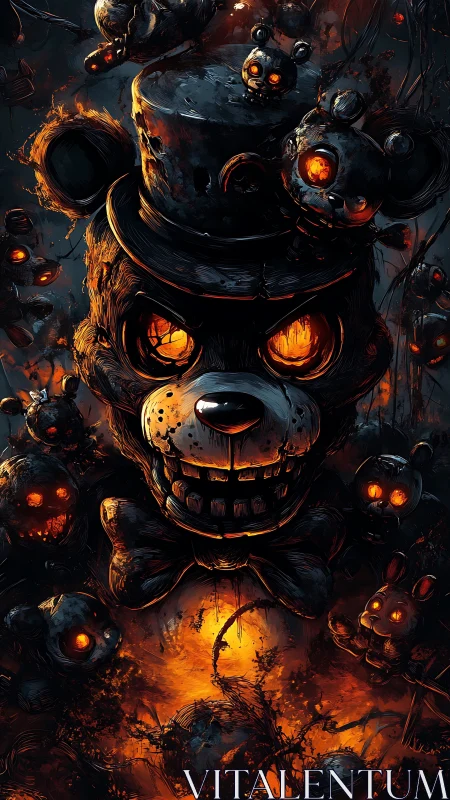 Burning-eyed animatronic bear amid dark mechanical swarm.