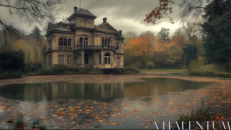 Moody autumn manor gazes over a quiet leaf-strewn pond