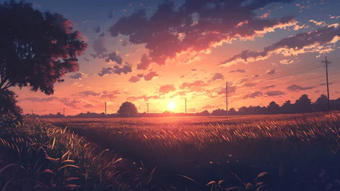 Sunset over rural field with power lines and distant trees.