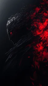 Shadowed flame spirit with glowing red eyes emerging.