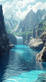 Turquoise canyon lake with cascading waterfall and alpine peaks.