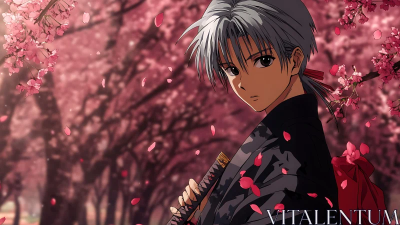Male anime figure stands with sword among cherry blossoms