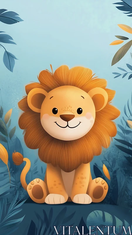 Playful baby lion illustration in lush blue jungle.