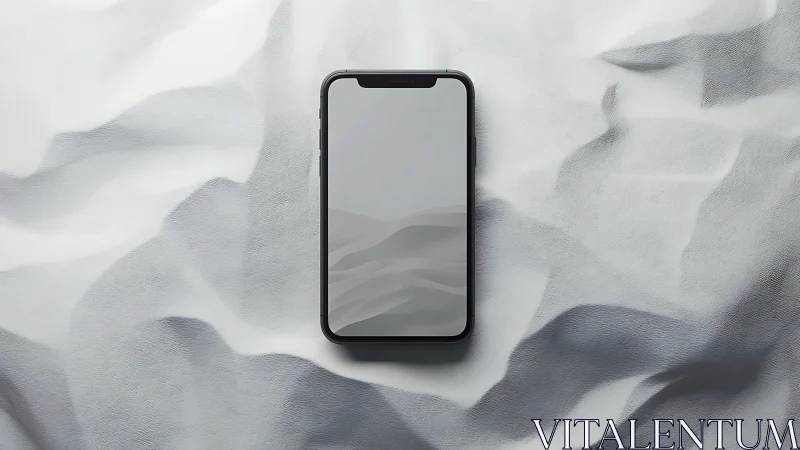 Smartphone with blank screen on crumpled white textile surface.