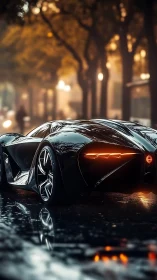 Photorealistic supercar on wet city boulevard at dusk.