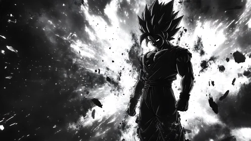 Monochrome anime warrior amid explosive energy burst.