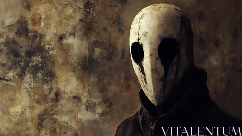 Masked figure with hollow eyes in decayed textured setting.