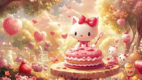 Cute Cat Character in Pink Heart-Themed Fantasy Garden.
