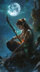 Moonlit warrior figure seated on rocky ledge at night.