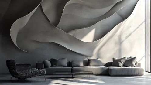 Sculptural Wall Installation with Contemporary Modular Seating Arrangement.