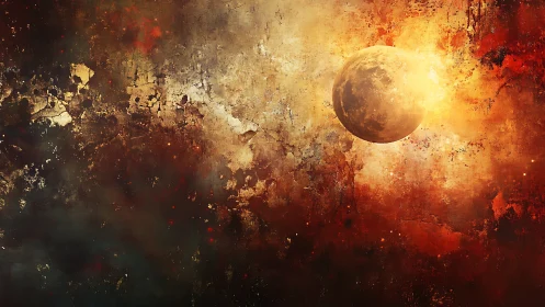 Burnished planet drifts through molten, cracking cosmoscape.