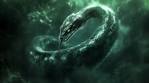 Emerald serpent coils in eerie mist with a menacing stare