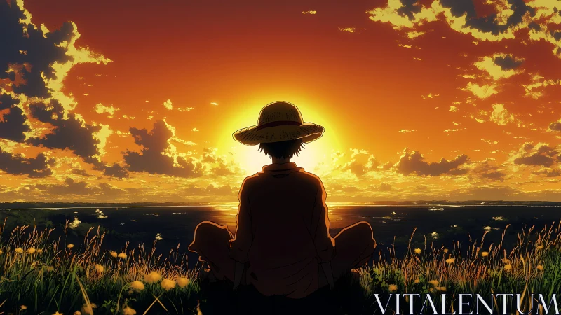 Solitary straw hat figure watches blazing seaside sunset