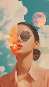 Dreamy sky portrait blending clouds, moons, and soft light.