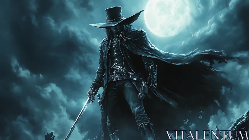 Dark gunslinger silhouette under stormlit full moon sky.
