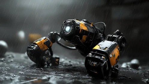 Rain-soaked scout drone reboots itself on a ruined street