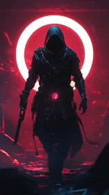 Hooded cyber assassin strides through neon haloed ruins.