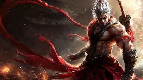 White haired warrior with sword in embers filled scene.