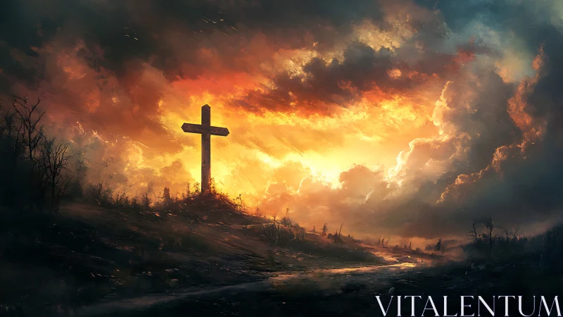 Solitary hilltop cross under intense burning sky at dusk.
