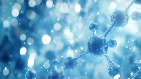 Shimmering blue molecules in a dreamy microscopic world.